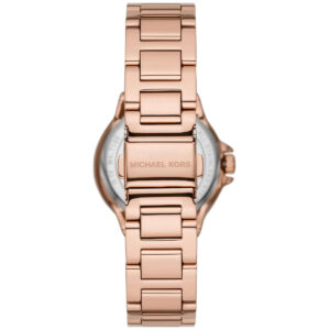 Michael Kors Camille watch caseback displaying rose gold metal with engraved Michael Kors branding