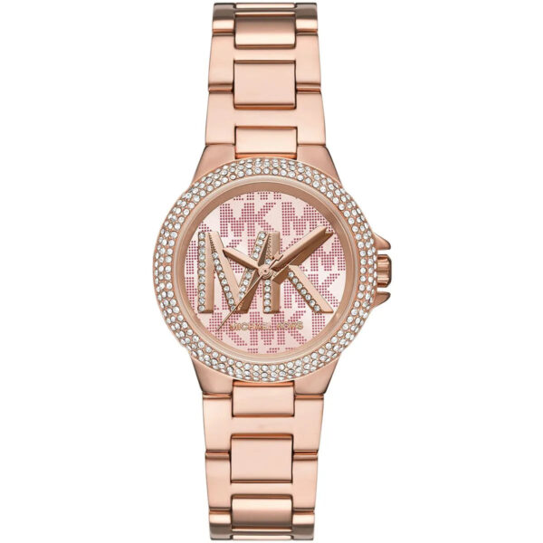 Michael Kors Camille women's watch with rose gold case, crystal bezel, pink dial with MK logo, and rose gold bracelet