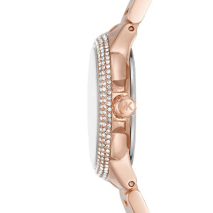 Michael Kors Camille watch side view displaying case thickness with crystal bezel and rose gold bracelet