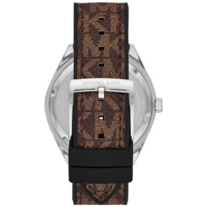 Michael Kors Jessa watch caseback view showing brown PVC strap and stainless steel case