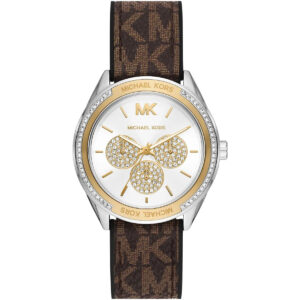 Michael Kors Jessa silver sunray dial women's watch with crystal bow design and brown PVC strap
