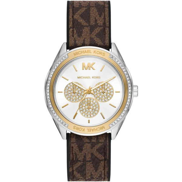Michael Kors Jessa silver sunray dial women's watch with crystal bow design and brown PVC strap