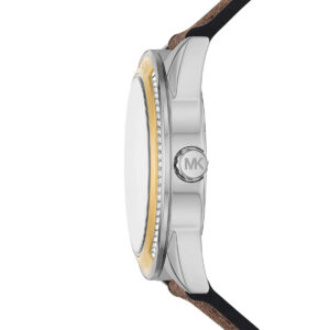 Michael Kors Jessa watch side view showing silver stainless steel case with crystal bezel