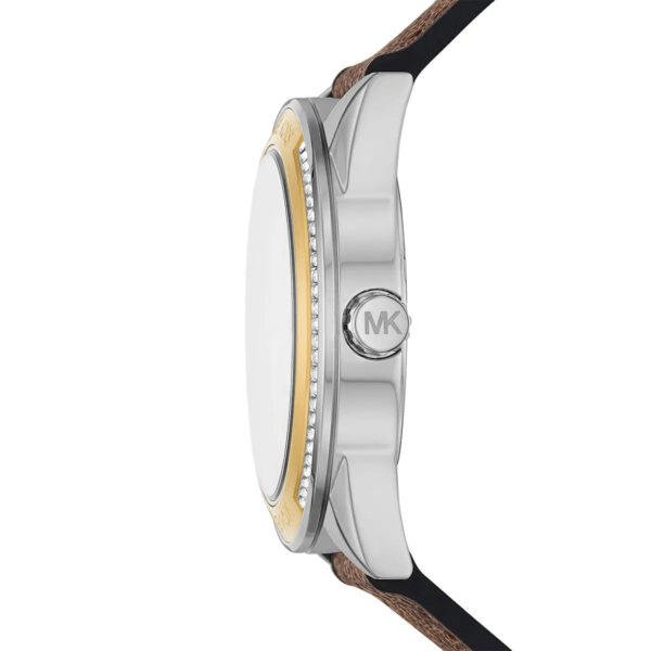 Michael Kors Jessa watch side view showing silver stainless steel case with crystal bezel