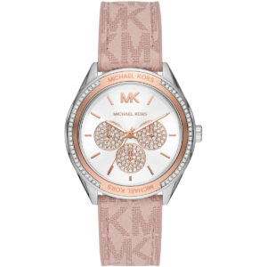 Michael Kors Jessa women's watch with white dial, rose gold crystal details, pink strap, and silver case