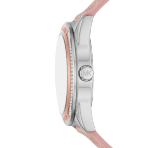 Michael Kors Jessa watch side profile showing case thickness, bezel, pink strap, and crown detail