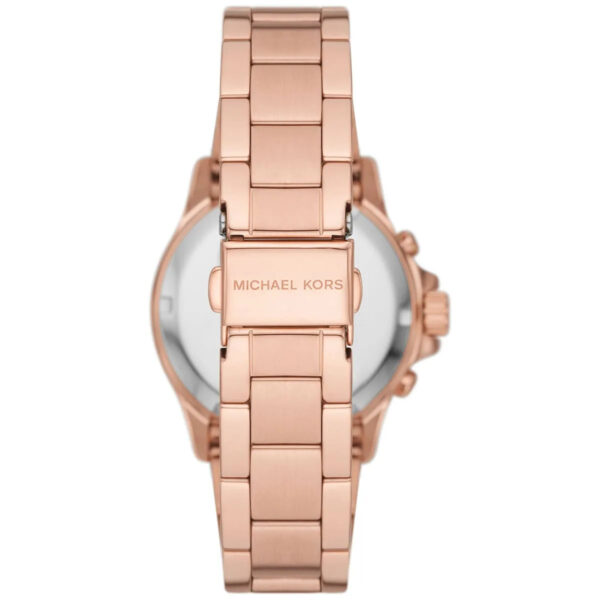 Back view of Michael Kors Everest watch showing rose gold-tone caseback with MK logo