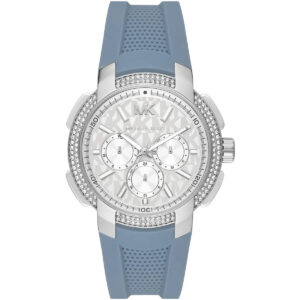 Michael Kors Sidney women's watch with silver dial, crystal bezel, and blue silicone strap