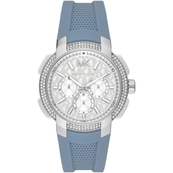 Michael Kors Sidney women's watch with silver dial, crystal bezel, and blue silicone strap