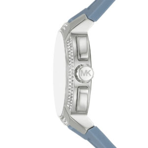 Michael Kors Sidney watch side profile showing crystal-set case and blue silicone band