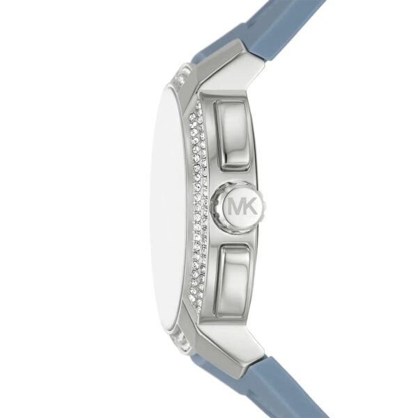 Michael Kors Sidney watch side profile showing crystal-set case and blue silicone band