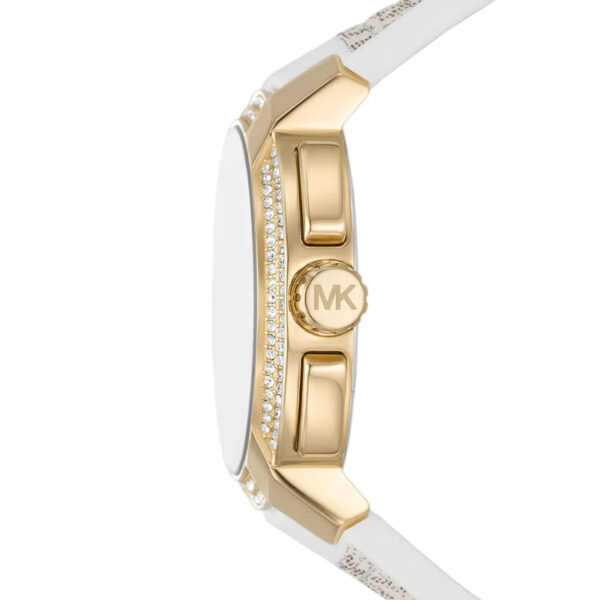 Side view of Michael Kors Sydney watch showing gold-tone case profile and white silicone strap