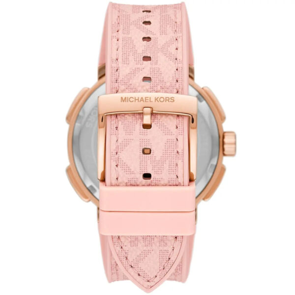Caseback view of Michael Kors Sidney watch with pink strap and rose gold-tone case hardware
