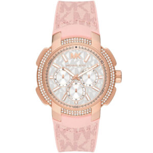 Michael Kors Sidney oversized watch with rose gold-tone case, white dial, crystal bezel, and pink strap