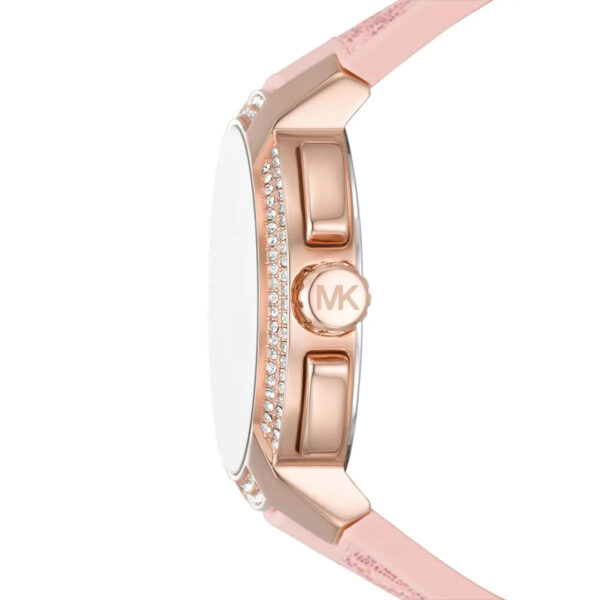 Side view of Michael Kors Sidney watch showing rose gold case with MK logo and pink polyurethane strap
