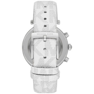Michael Kors Parker watch case back showing stainless steel with white PVC strap
