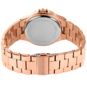 Michael Kors Lennox watch caseback showing rose gold stainless steel with Michael Kors branding