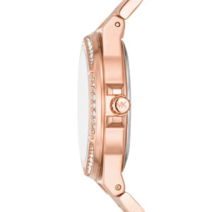Michael Kors Lennox watch side profile showing rose gold case and crystal bezel