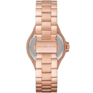 Back of Michael Kors Lennox Pavé watch displaying case back and rose gold metal bracelet