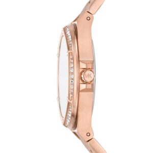 Side view of Michael Kors Lennox Pavé watch showing rose gold case profile and crystal bezel detail