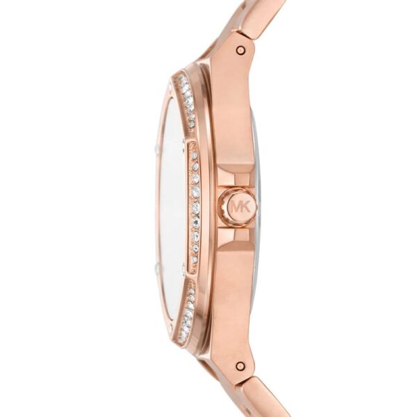 Side view of Michael Kors Lennox Pavé watch showing rose gold case profile and crystal bezel detail