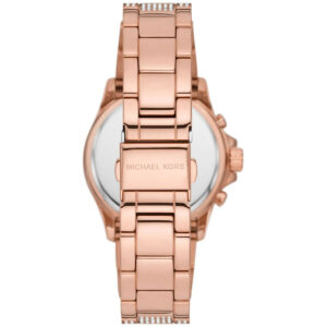 Back view of MK7235 watch showing case back and rose gold metal bracelet