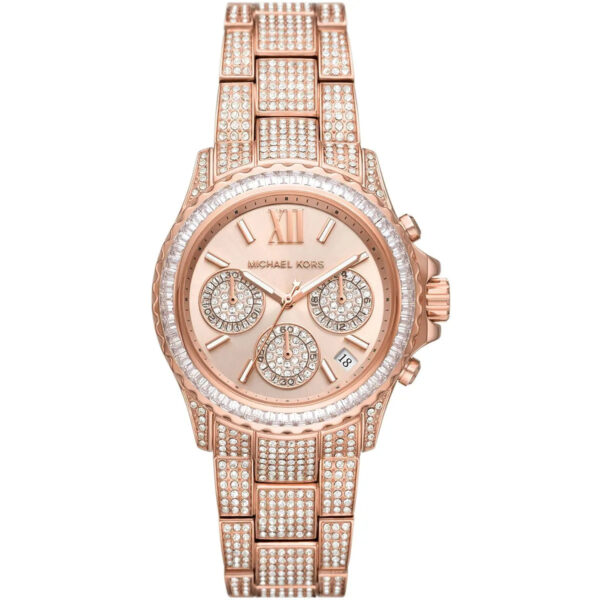 Michael Kors Everest chronograph watch with rose gold-tone case, crystal-embellished dial and metal strap
