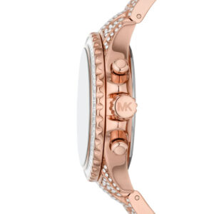 Side view of MK7235 watch showing rose gold case profile and crystal-set metal bracelet