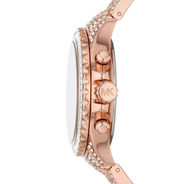 Side view of MK7235 watch showing rose gold case profile and crystal-set metal bracelet