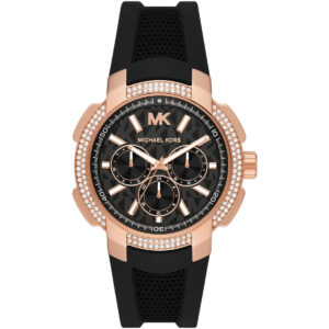 Michael Kors Sidney rose gold and black chronograph watch with crystal bezel