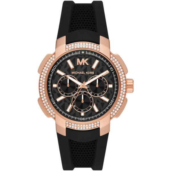 Michael Kors Sidney rose gold and black chronograph watch with crystal bezel