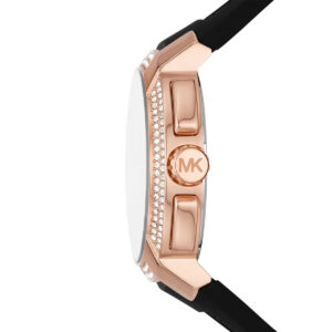 Side view of Michael Kors Sidney watch showing rose gold case and black rubber strap