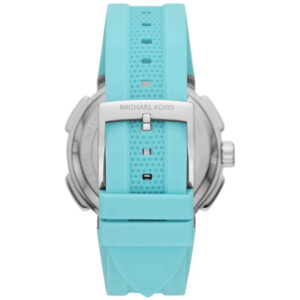 Michael Kors Sidney watch back view displaying turquoise silicone strap with textured pattern