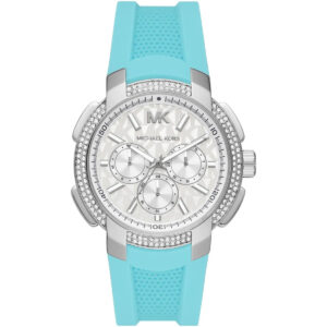 Michael Kors Sidney oversized watch with silver-tone pavé case, white chronograph dial, turquoise silicone strap