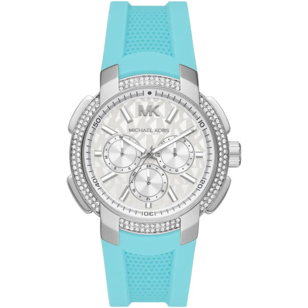 Michael Kors Sidney oversized watch with silver-tone pavé case, white chronograph dial, turquoise silicone strap