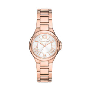 Michael Kors Mini Camille rose gold-tone women's watch with white dial and Roman numerals