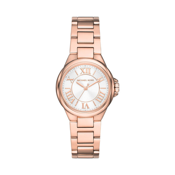 Michael Kors Mini Camille rose gold-tone women's watch with white dial and Roman numerals