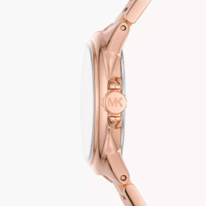Side view of Michael Kors Mini Camille watch showing rose gold bracelet and MK charm