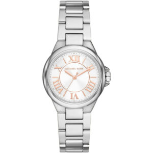 Michael Kors Mini Camille silver-tone women's watch with white dial and rose-gold Roman numeral hour markers
