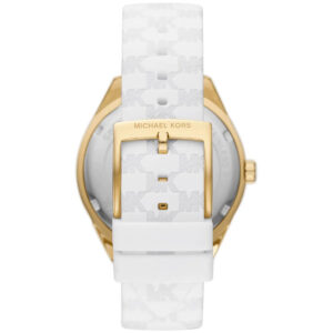 Michael Kors Jessa watch caseback showing white silicone strap with MK logo buckle