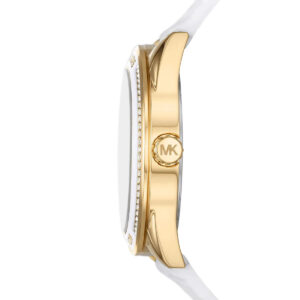 Michael Kors Jessa watch side profile showing gold-tone case and white silicone strap