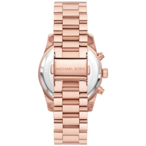 Back view of Michael Kors Lexington Lux watch showing caseback and rose gold link bracelet