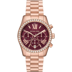 Michael Kors Lexington Lux rose gold chronograph watch with burgundy dial and crystal-set bezel
