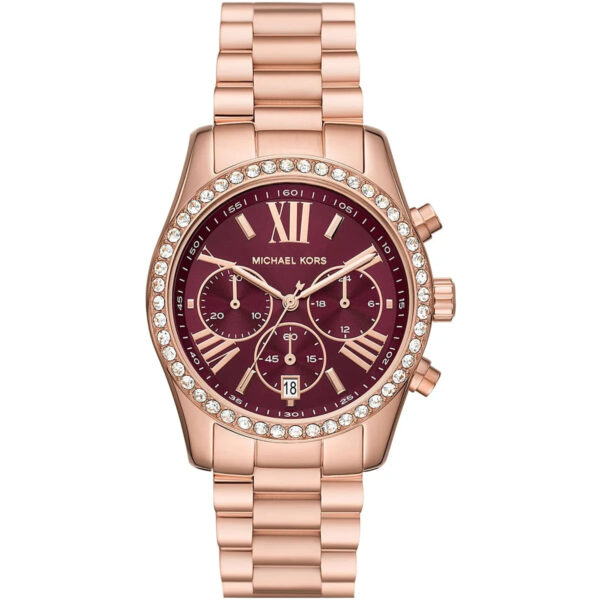 Michael Kors Lexington Lux rose gold chronograph watch with burgundy dial and crystal-set bezel