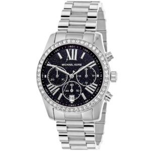 Michael Kors Lexington chronograph women's watch at angle view with stainless steel strap