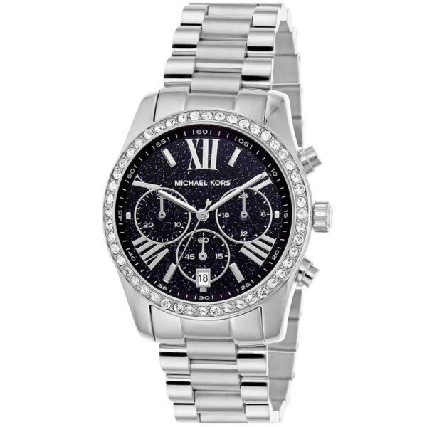 Michael Kors Lexington chronograph women's watch at angle view with stainless steel strap