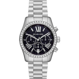 Michael Kors Lexington chronograph women's watch with black dial, crystal bezel, silver strap