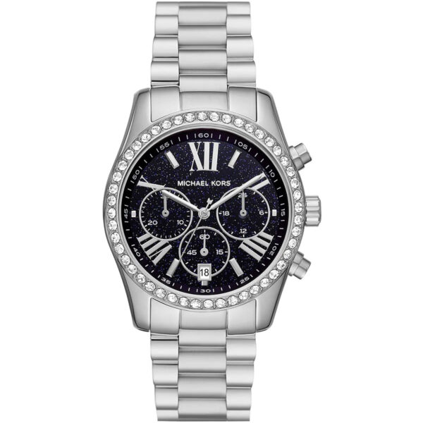 Michael Kors Lexington chronograph women's watch with black dial, crystal bezel, silver strap