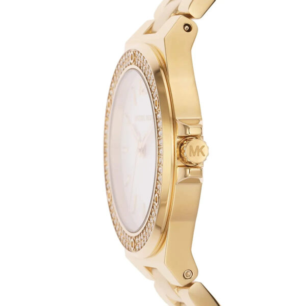 Michael Kors Mini Lennox side profile displaying case thickness and gold metal band