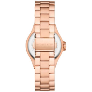 Angled overhead view of Michael Kors Mini-Lennox rose gold watch with white dial